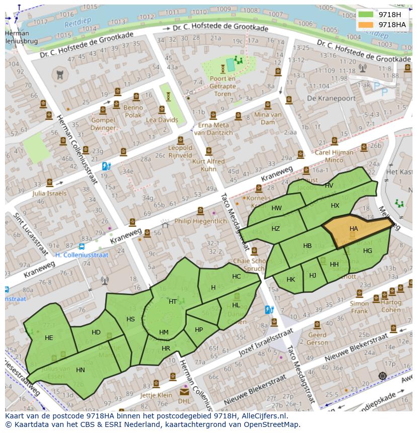 Afbeelding van het postcodegebied 9718 HA op de kaart.