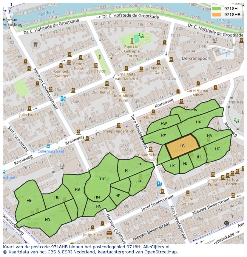 Afbeelding van het postcodegebied 9718 HB op de kaart.
