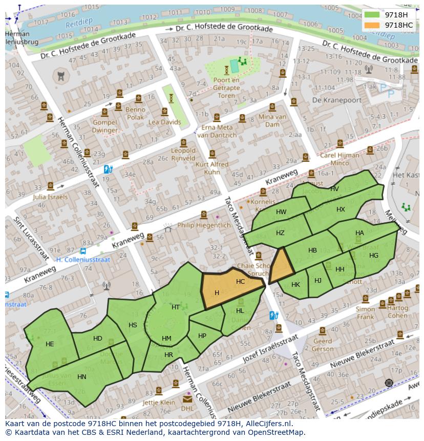 Afbeelding van het postcodegebied 9718 HC op de kaart.