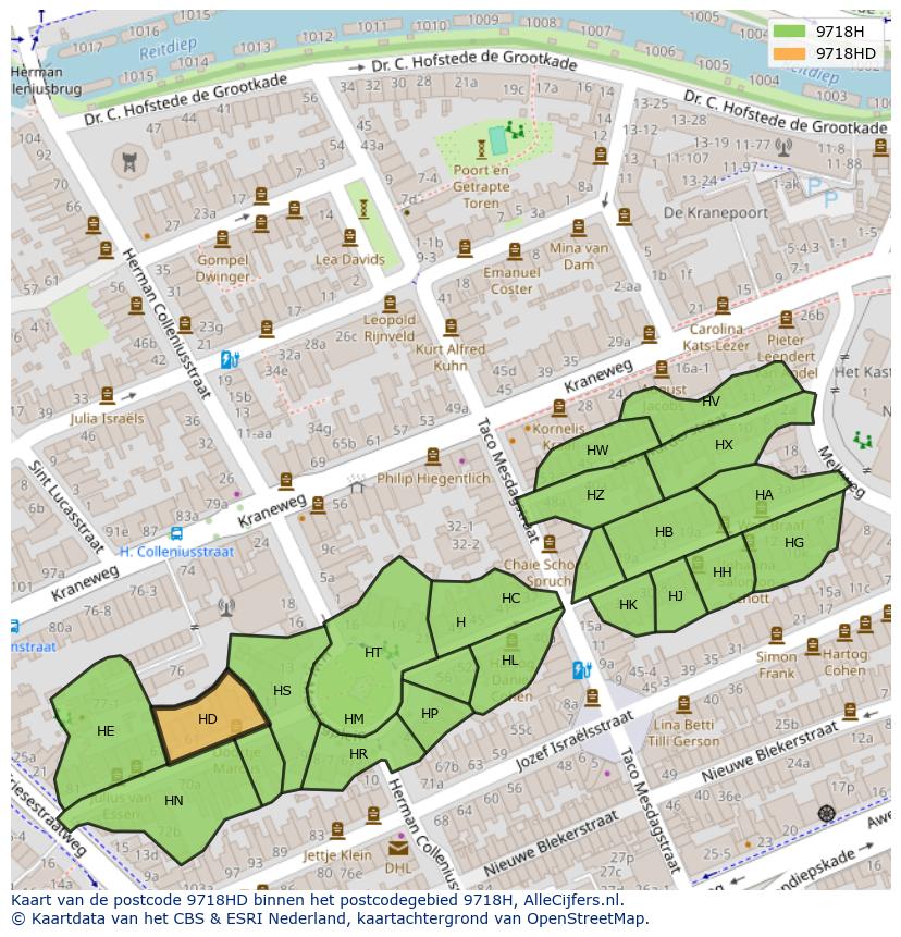 Afbeelding van het postcodegebied 9718 HD op de kaart.