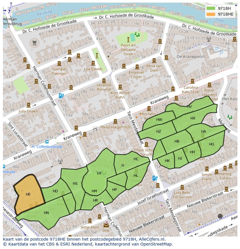 Afbeelding van het postcodegebied 9718 HE op de kaart.