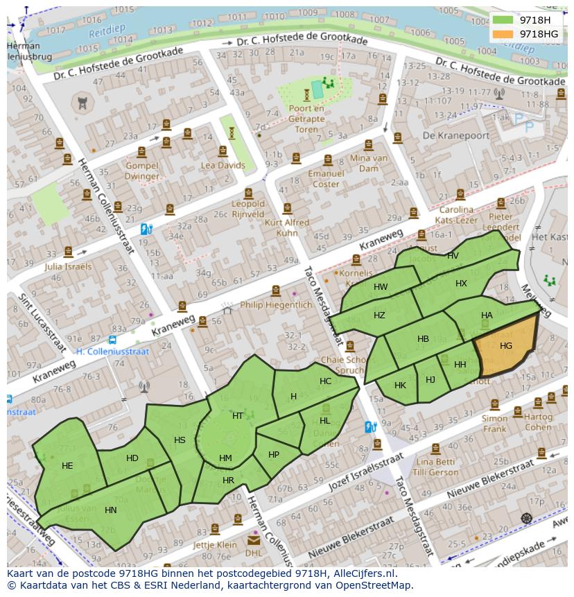 Afbeelding van het postcodegebied 9718 HG op de kaart.