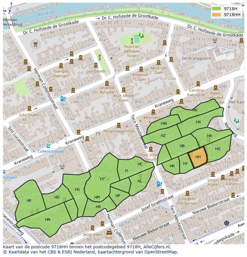 Afbeelding van het postcodegebied 9718 HH op de kaart.