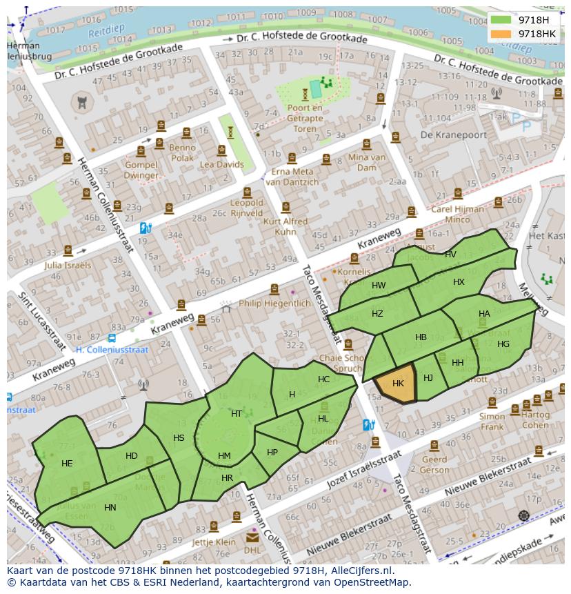 Afbeelding van het postcodegebied 9718 HK op de kaart.