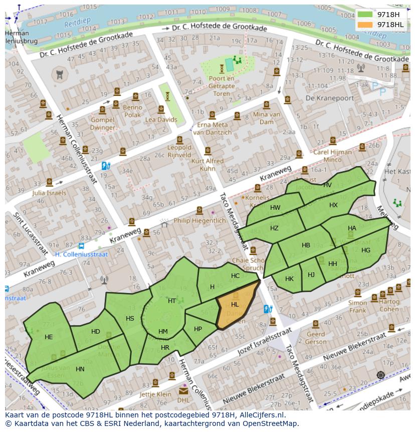 Afbeelding van het postcodegebied 9718 HL op de kaart.