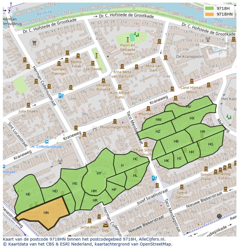 Afbeelding van het postcodegebied 9718 HN op de kaart.