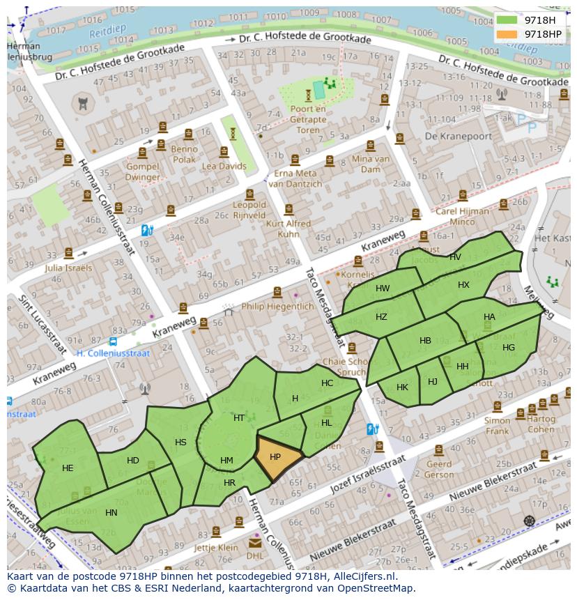 Afbeelding van het postcodegebied 9718 HP op de kaart.
