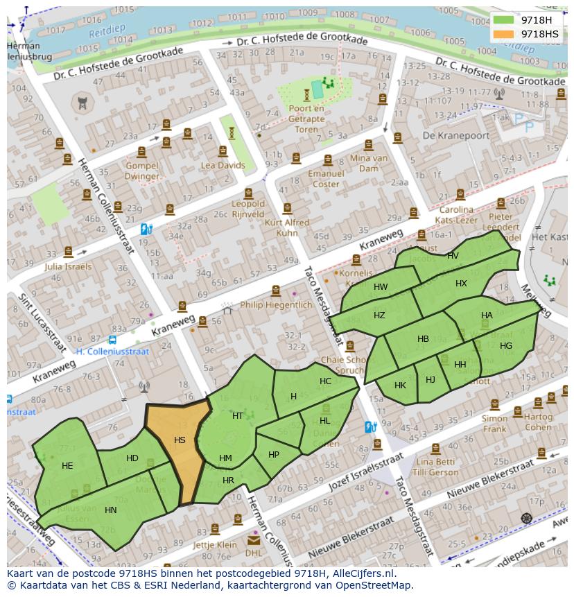 Afbeelding van het postcodegebied 9718 HS op de kaart.