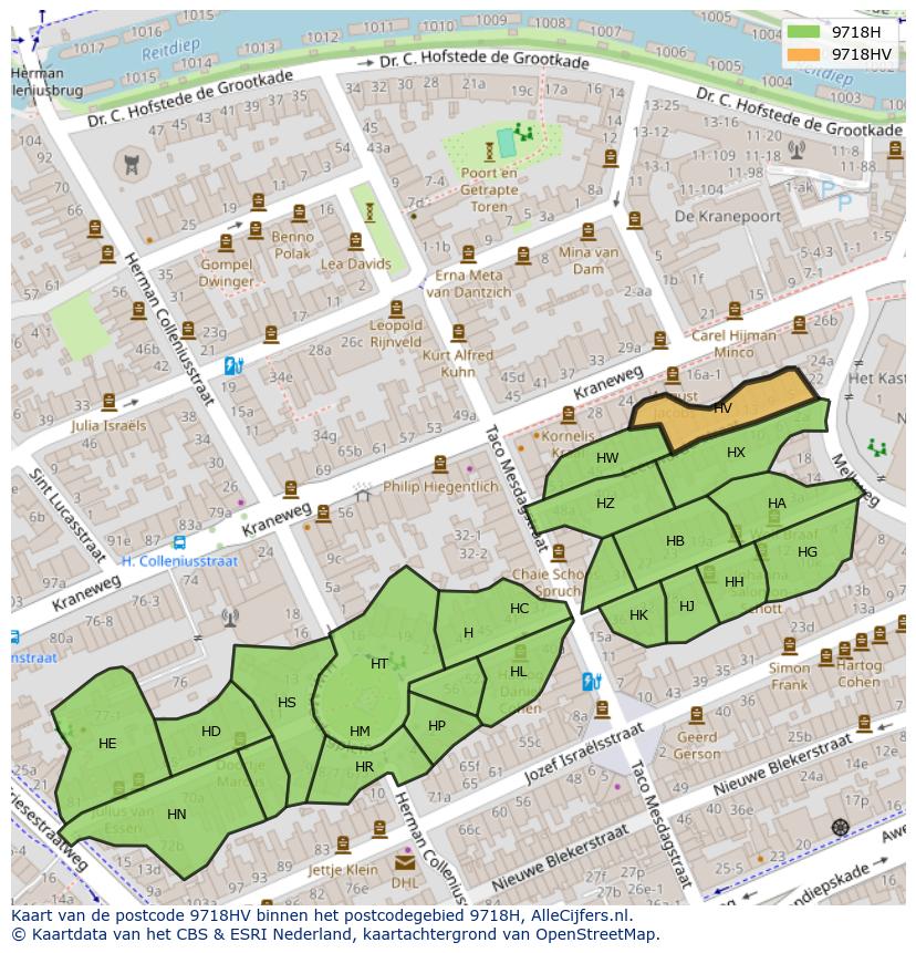 Afbeelding van het postcodegebied 9718 HV op de kaart.