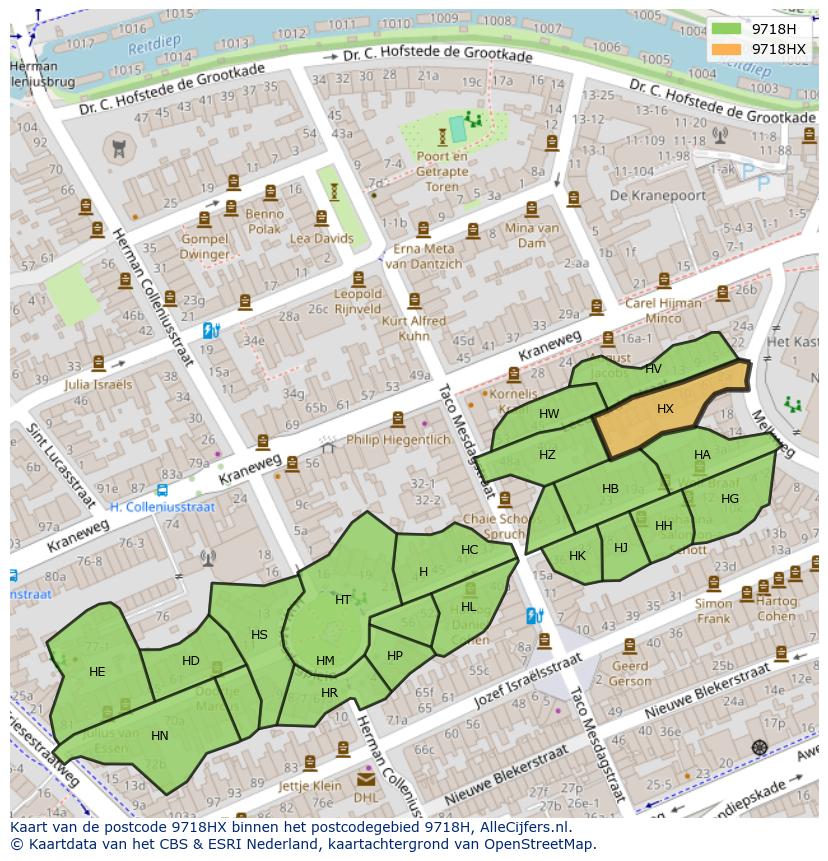 Afbeelding van het postcodegebied 9718 HX op de kaart.