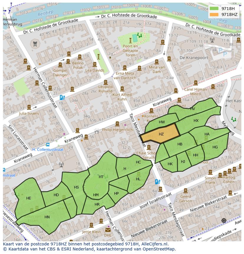 Afbeelding van het postcodegebied 9718 HZ op de kaart.