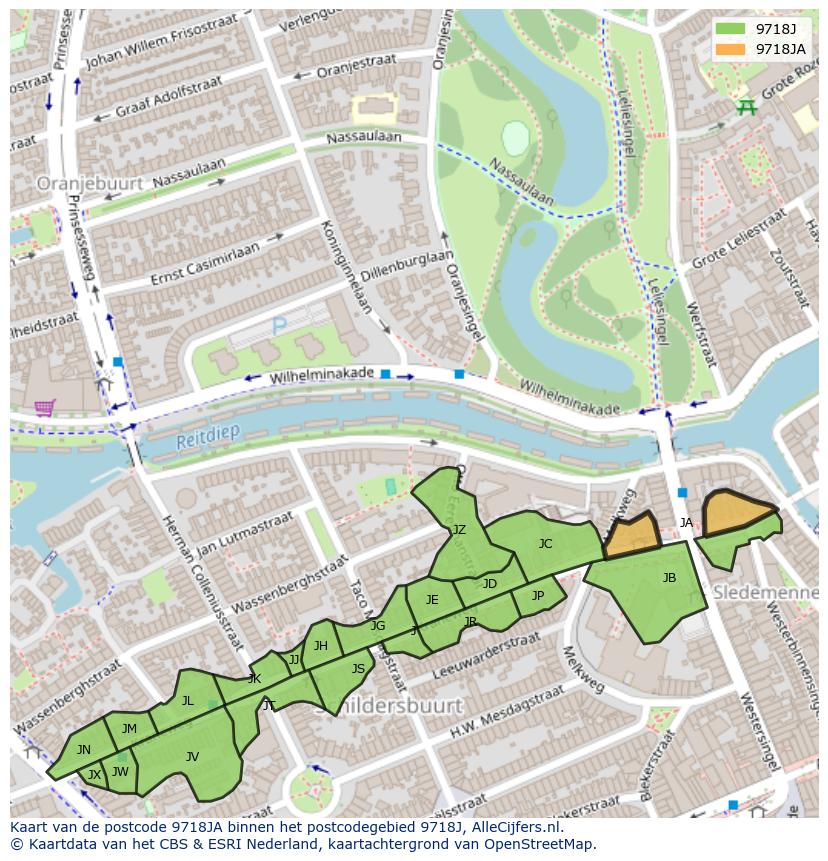 Afbeelding van het postcodegebied 9718 JA op de kaart.