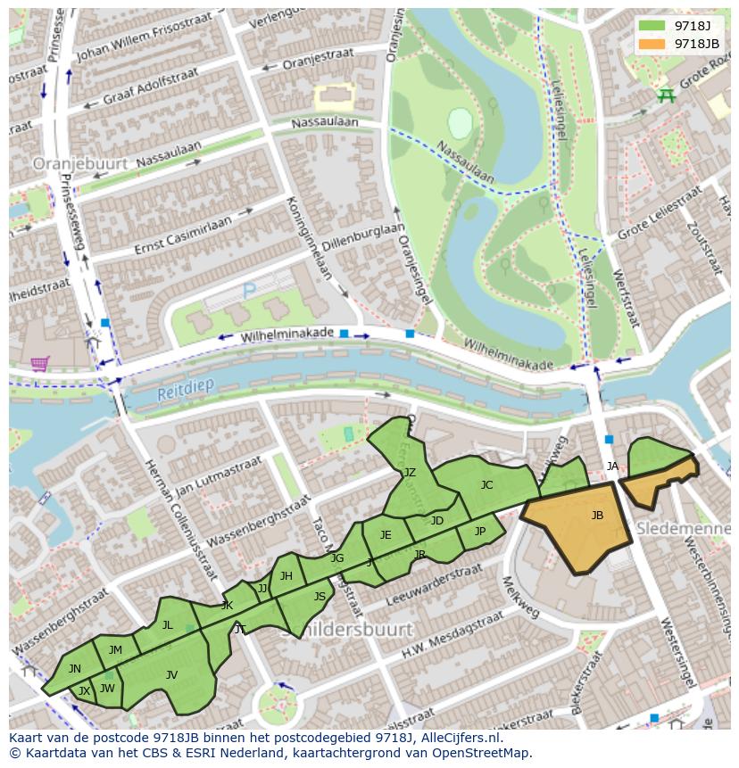 Afbeelding van het postcodegebied 9718 JB op de kaart.