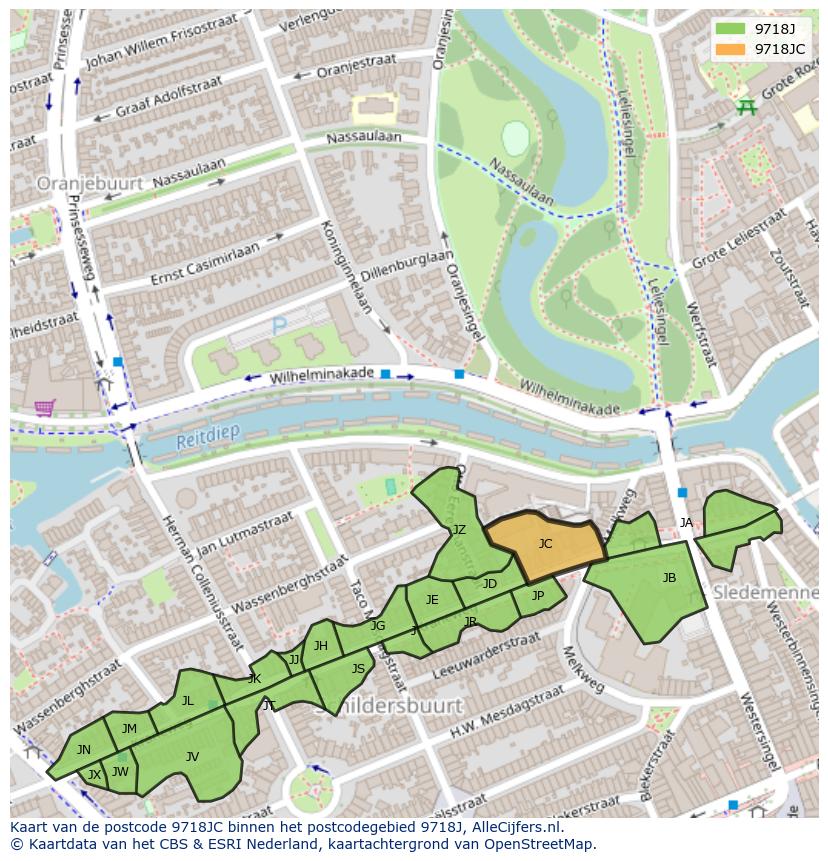 Afbeelding van het postcodegebied 9718 JC op de kaart.