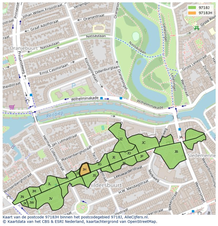 Afbeelding van het postcodegebied 9718 JH op de kaart.