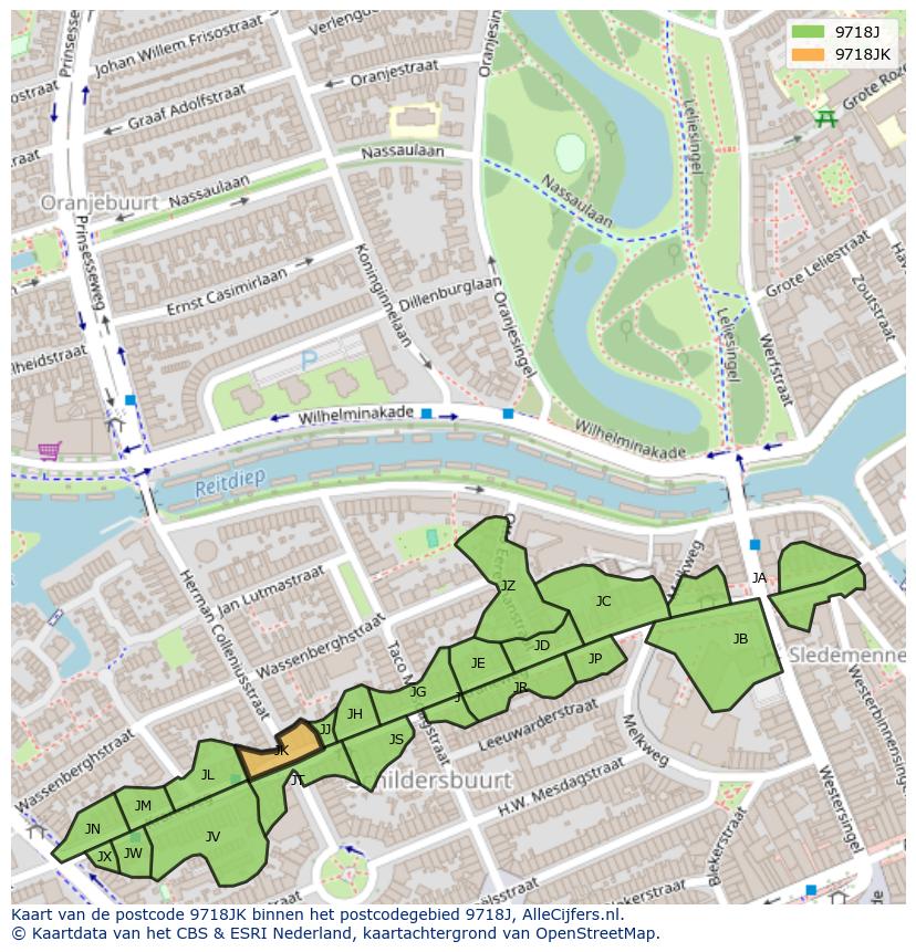 Afbeelding van het postcodegebied 9718 JK op de kaart.