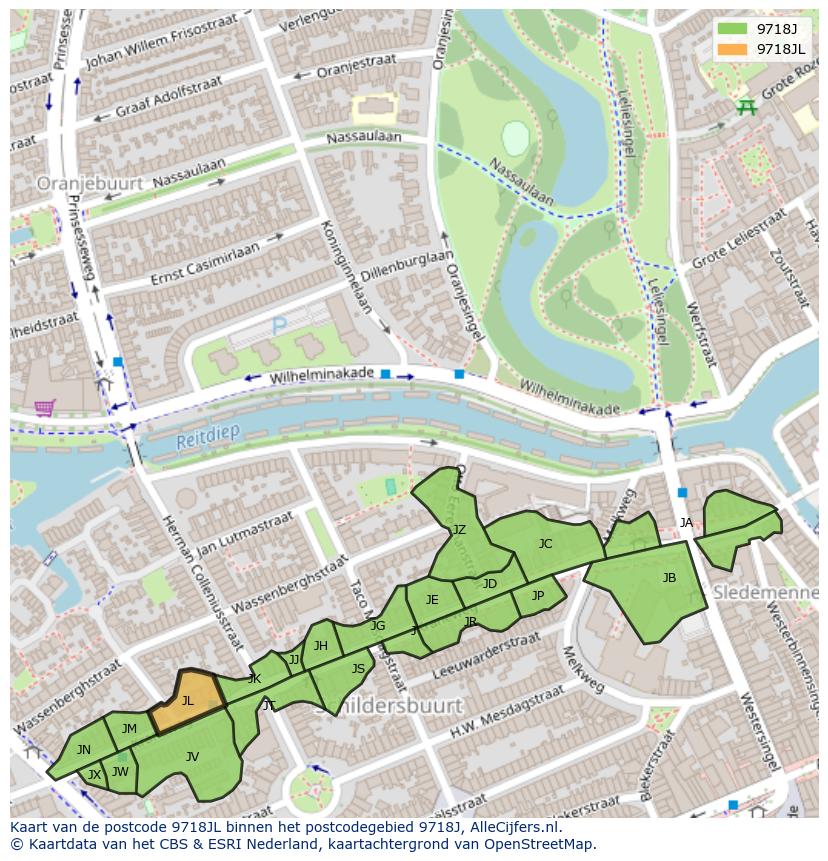 Afbeelding van het postcodegebied 9718 JL op de kaart.
