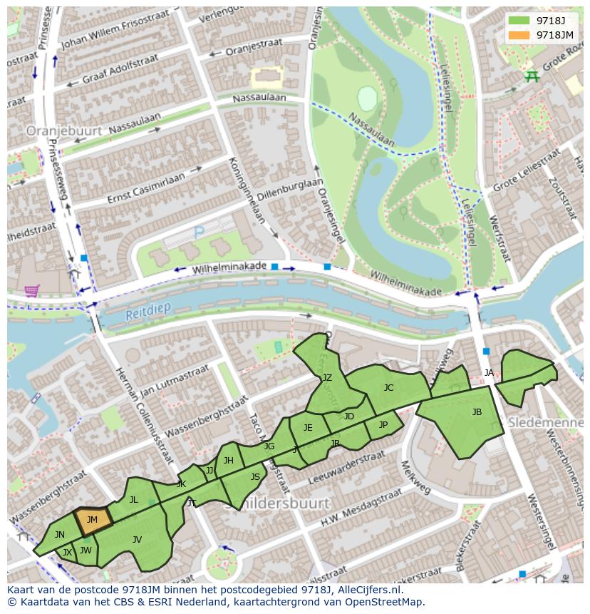 Afbeelding van het postcodegebied 9718 JM op de kaart.