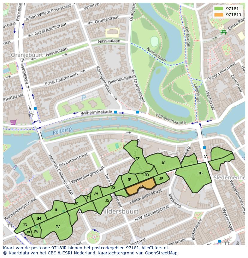 Afbeelding van het postcodegebied 9718 JR op de kaart.