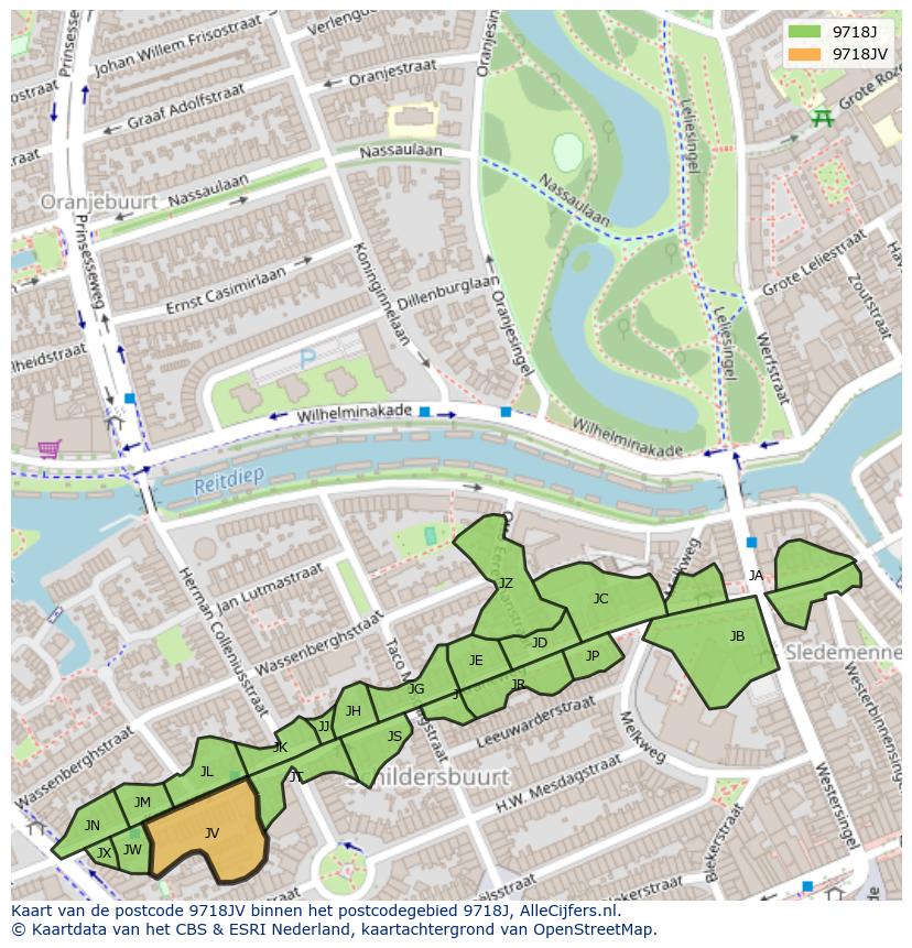 Afbeelding van het postcodegebied 9718 JV op de kaart.