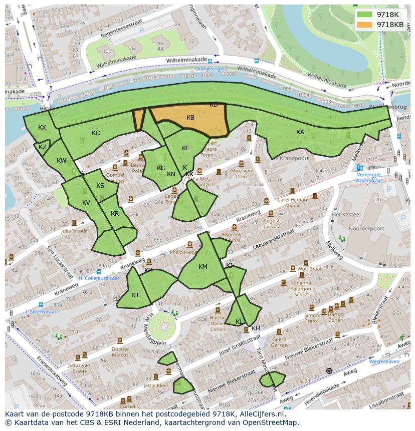 Afbeelding van het postcodegebied 9718 KB op de kaart.