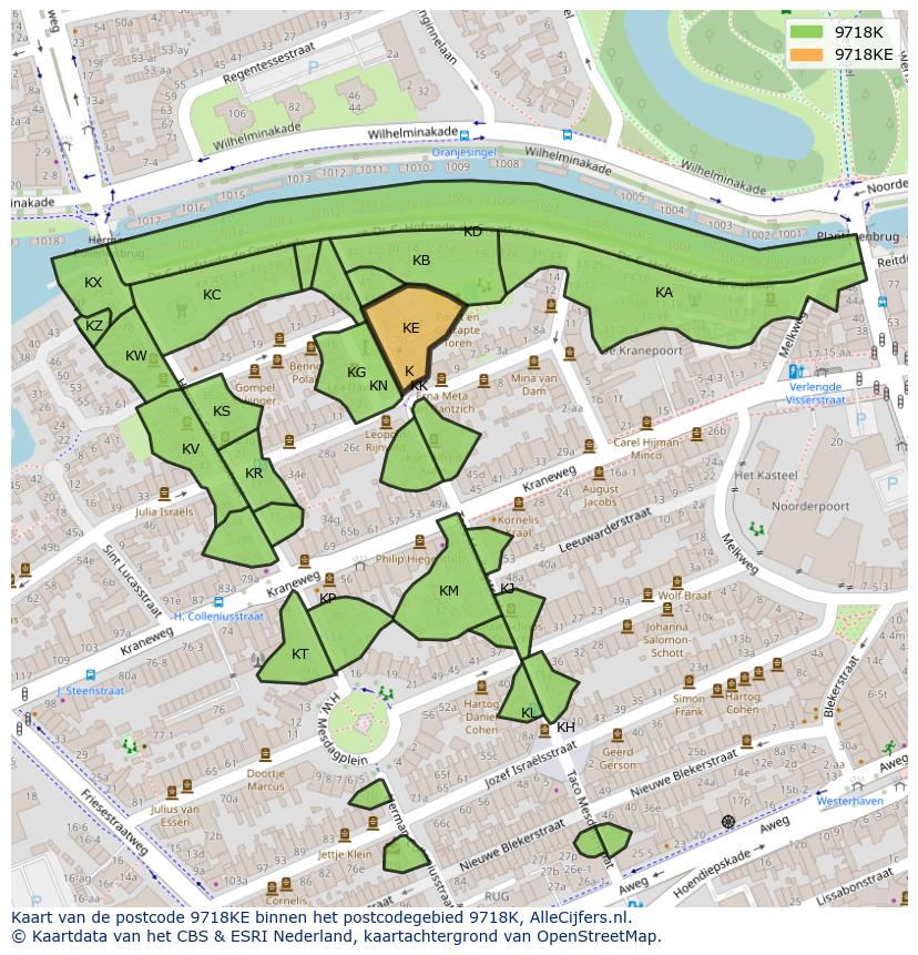 Afbeelding van het postcodegebied 9718 KE op de kaart.