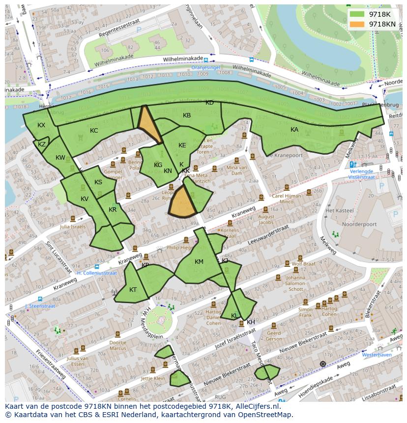 Afbeelding van het postcodegebied 9718 KN op de kaart.
