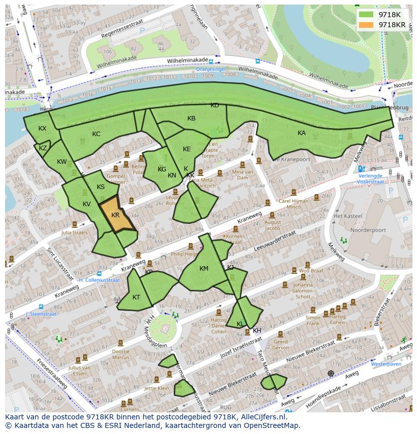 Afbeelding van het postcodegebied 9718 KR op de kaart.