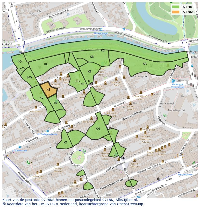 Afbeelding van het postcodegebied 9718 KS op de kaart.