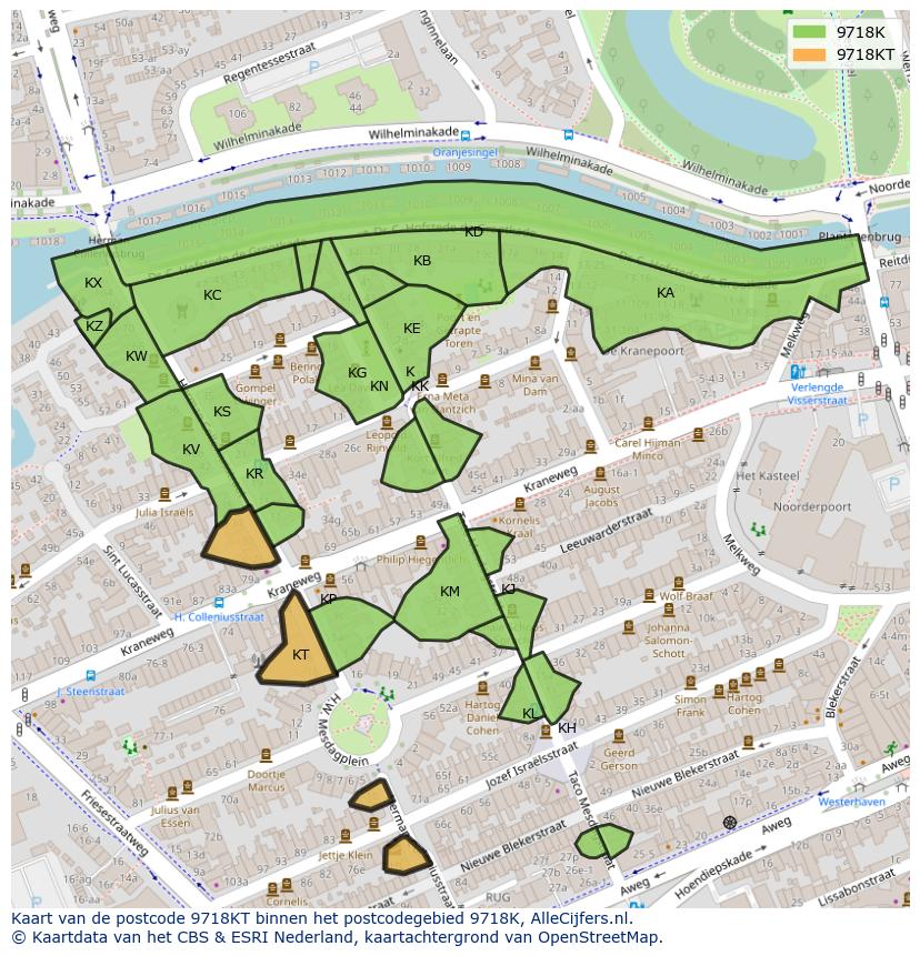 Afbeelding van het postcodegebied 9718 KT op de kaart.