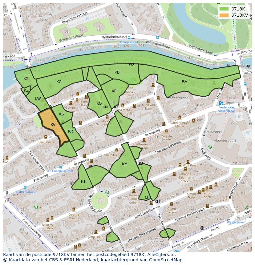 Afbeelding van het postcodegebied 9718 KV op de kaart.