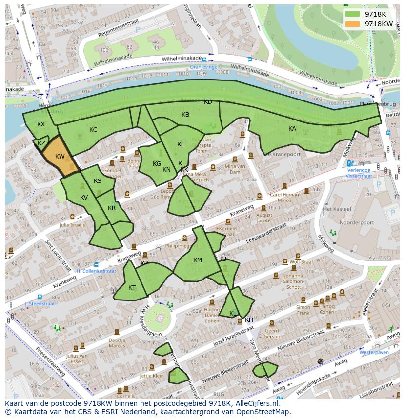 Afbeelding van het postcodegebied 9718 KW op de kaart.