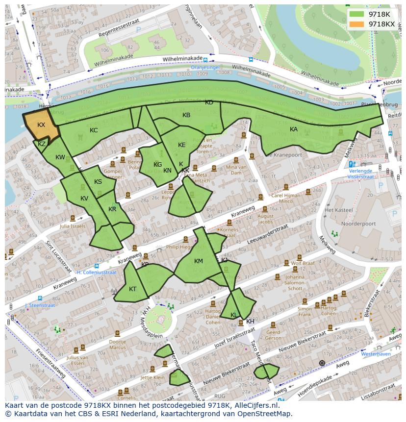 Afbeelding van het postcodegebied 9718 KX op de kaart.