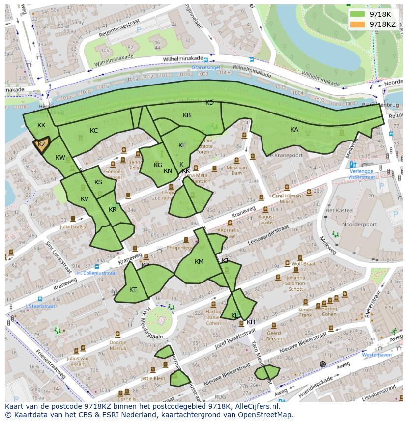 Afbeelding van het postcodegebied 9718 KZ op de kaart.