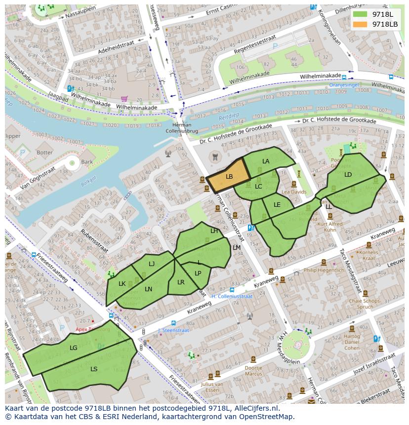 Afbeelding van het postcodegebied 9718 LB op de kaart.