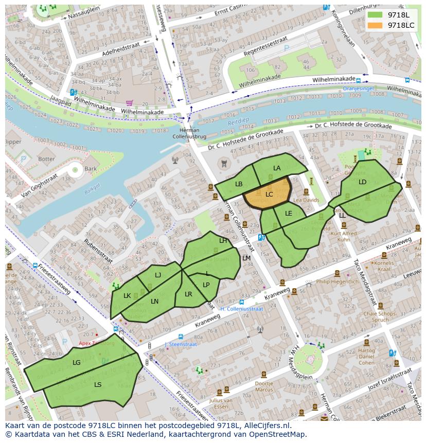 Afbeelding van het postcodegebied 9718 LC op de kaart.