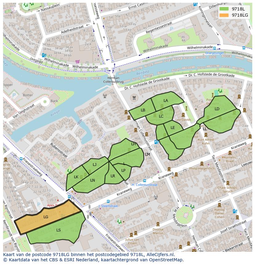Afbeelding van het postcodegebied 9718 LG op de kaart.