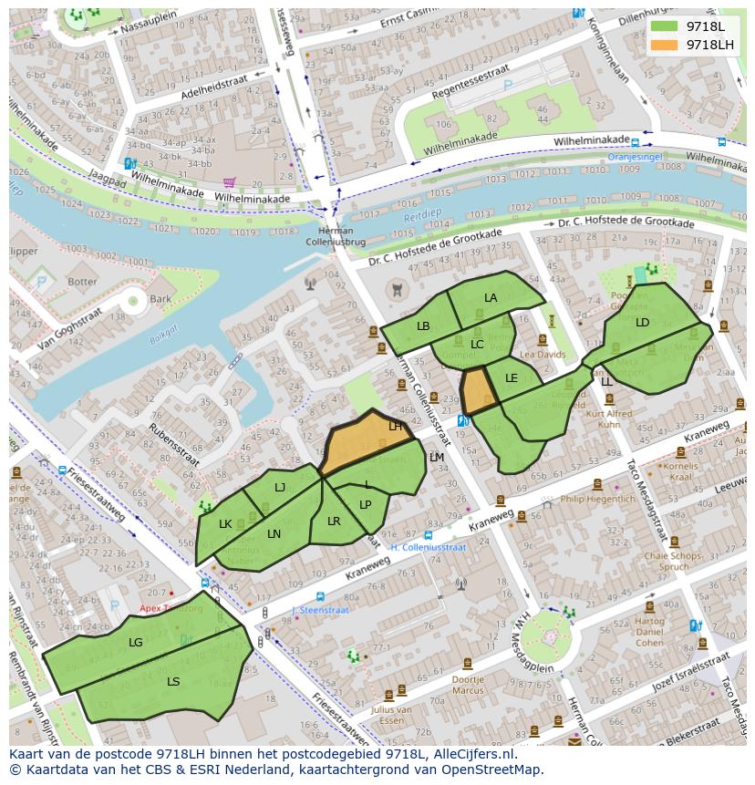 Afbeelding van het postcodegebied 9718 LH op de kaart.