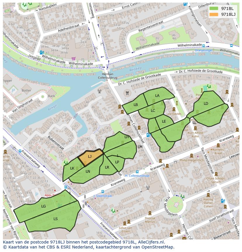 Afbeelding van het postcodegebied 9718 LJ op de kaart.