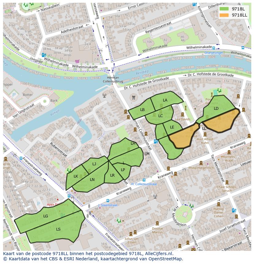 Afbeelding van het postcodegebied 9718 LL op de kaart.