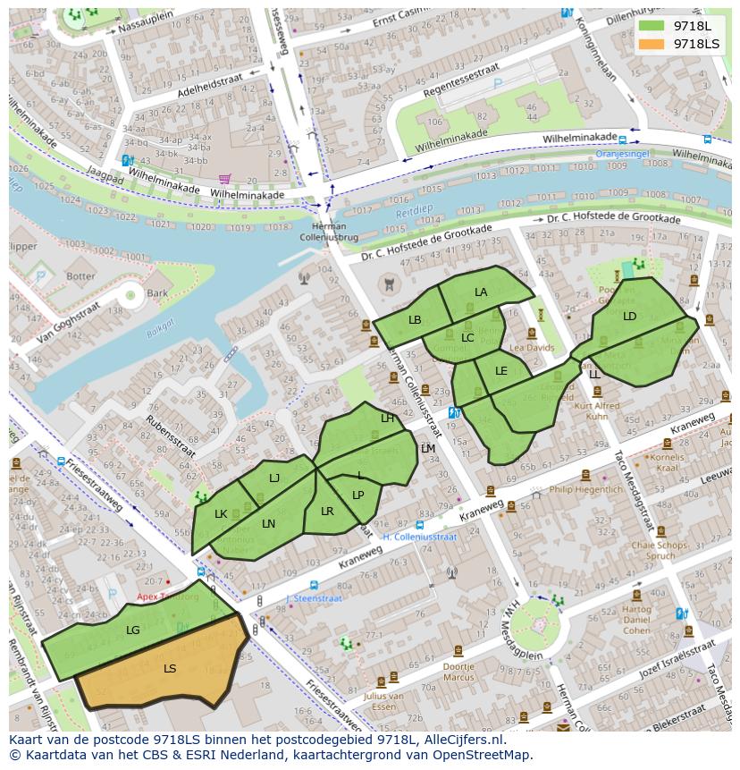 Afbeelding van het postcodegebied 9718 LS op de kaart.