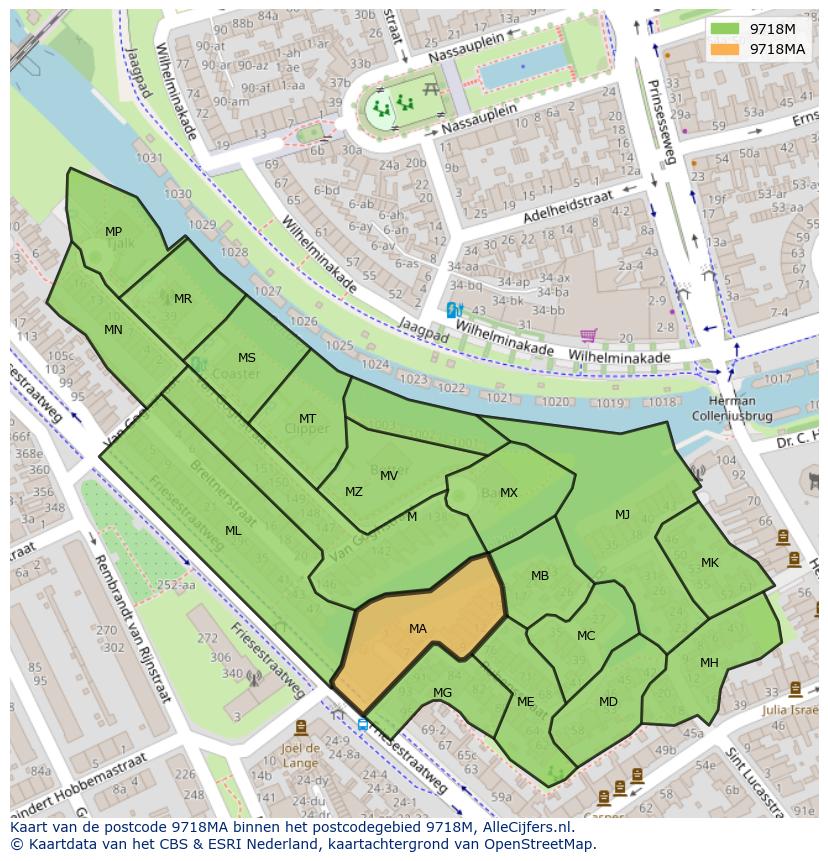 Afbeelding van het postcodegebied 9718 MA op de kaart.