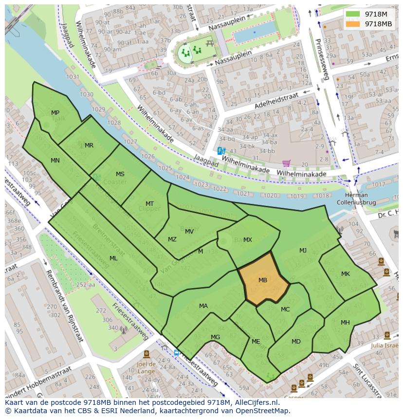 Afbeelding van het postcodegebied 9718 MB op de kaart.