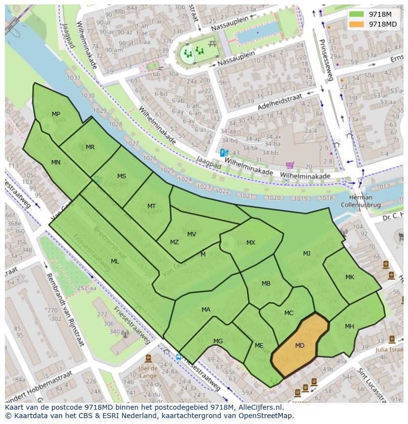 Afbeelding van het postcodegebied 9718 MD op de kaart.