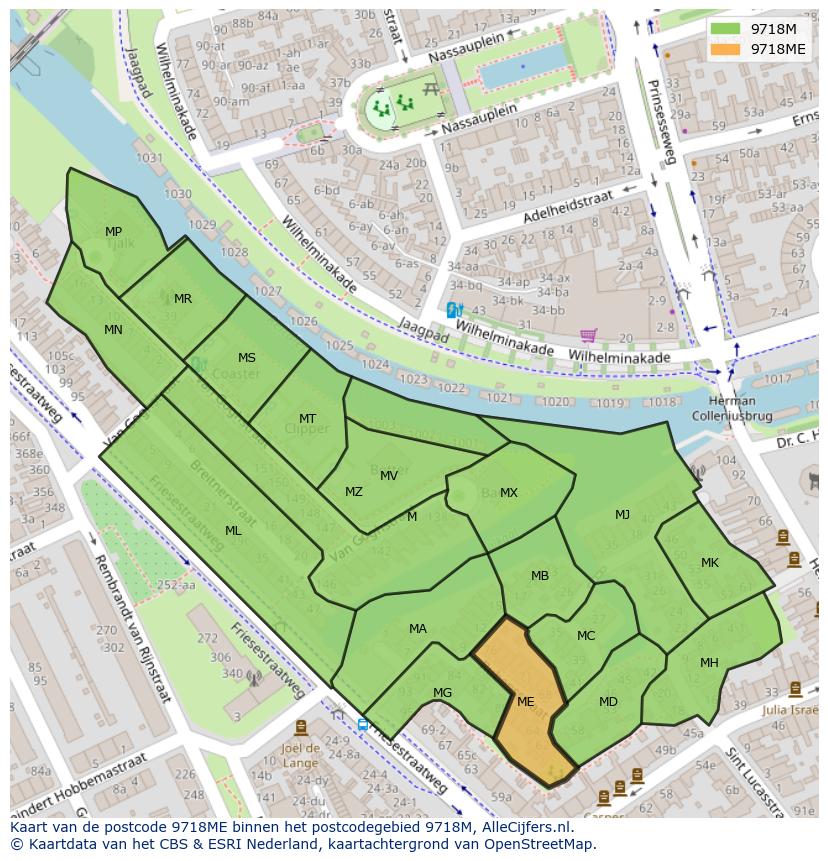 Afbeelding van het postcodegebied 9718 ME op de kaart.