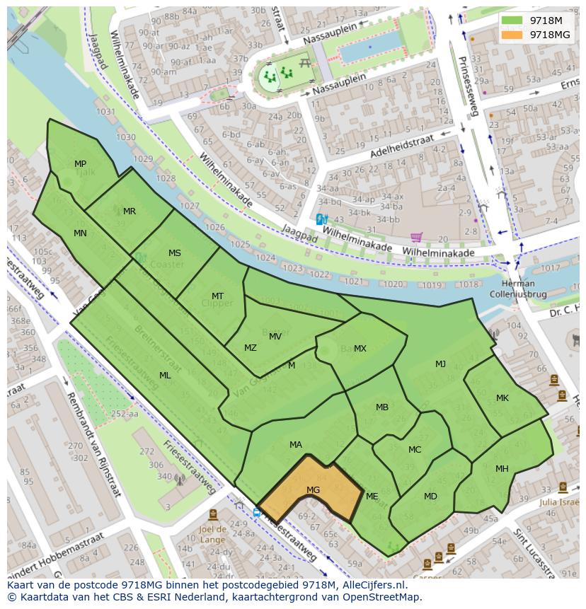Afbeelding van het postcodegebied 9718 MG op de kaart.