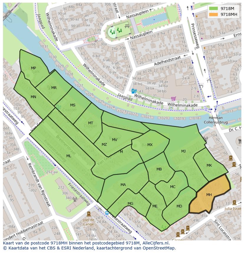 Afbeelding van het postcodegebied 9718 MH op de kaart.
