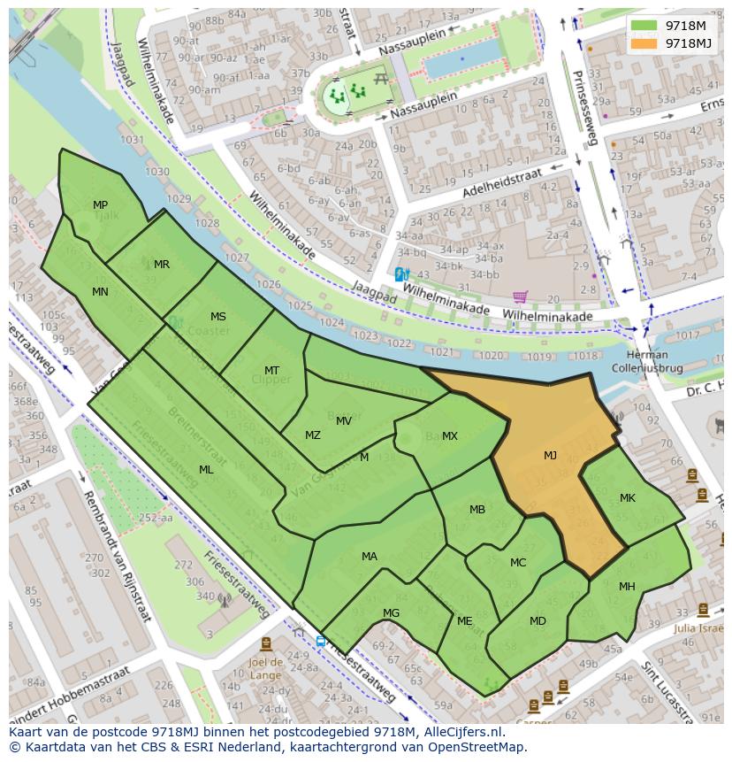 Afbeelding van het postcodegebied 9718 MJ op de kaart.