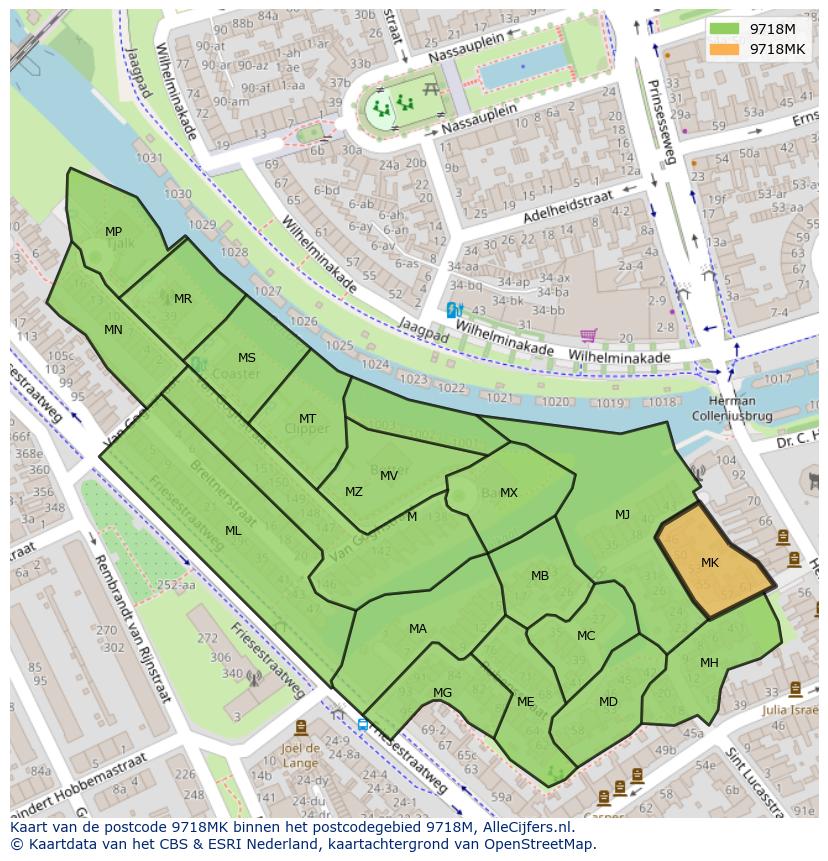 Afbeelding van het postcodegebied 9718 MK op de kaart.