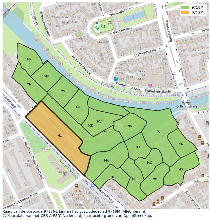 Afbeelding van het postcodegebied 9718 ML op de kaart.
